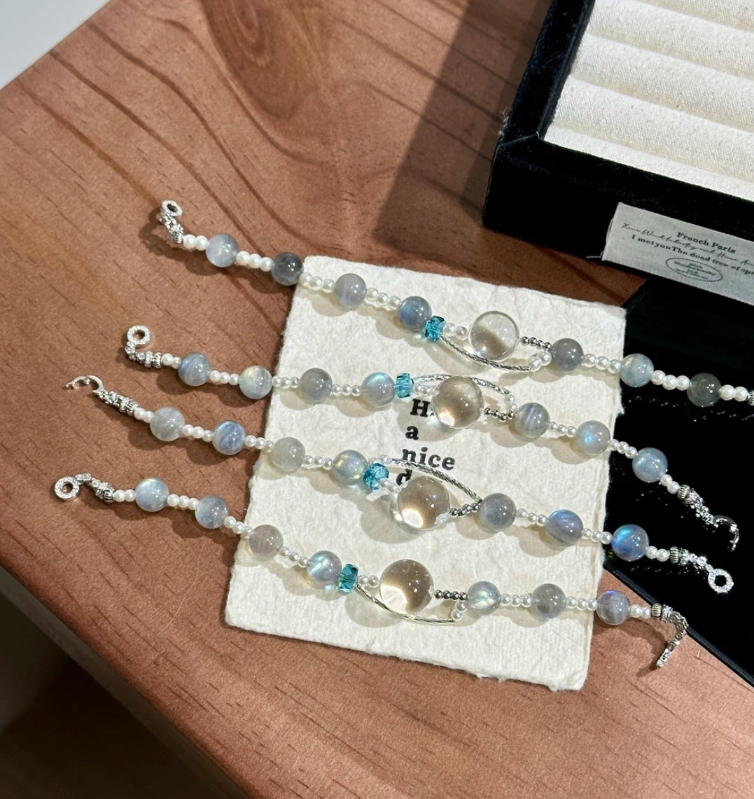 Natural Clear Crystal & Moonstone Bracelet | 15mm & 9mm Original Design