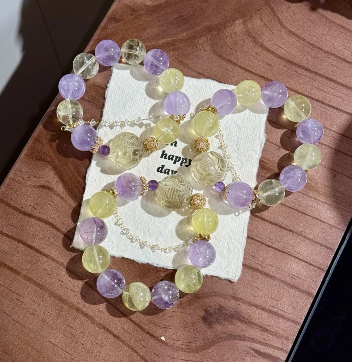 Natural Amethyst & Citrine Bracelet with Fox Carved Focal Bead | 16mm Original Design