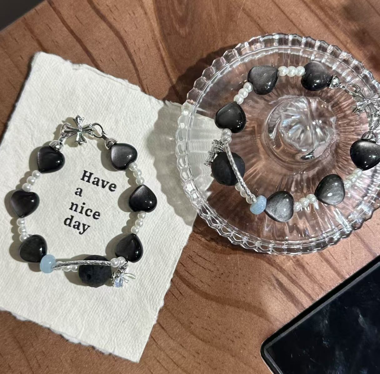 Natural Black Obsidian & Aquamarine Bracelet | Original Design