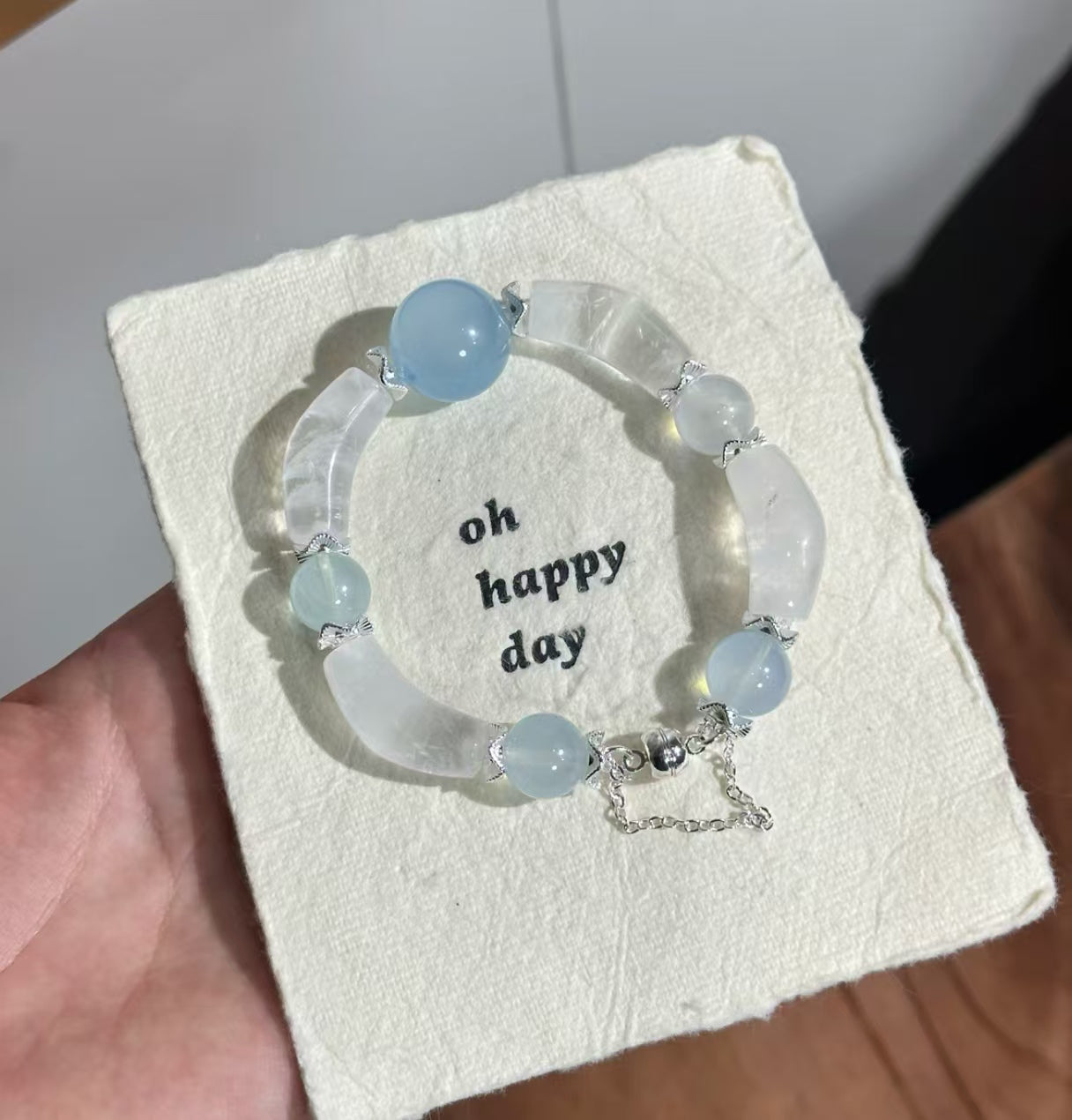 Natural Snow Phantom Crystal & Aquamarine Bracelet | 17-18mm Double-Drilled Focal & 10-11mm Original Design