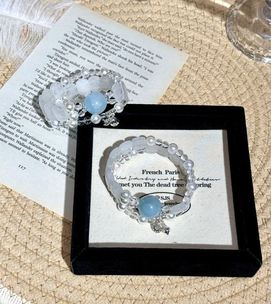 Natural Aquamarine, White Phantom Crystal & Pearl Bracelet | 15mm Original Design