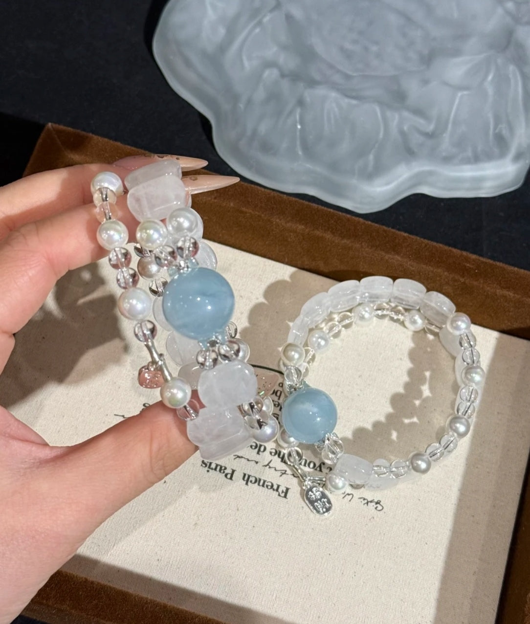Natural Aquamarine, White Phantom Crystal & Pearl Bracelet | 15mm Original Design