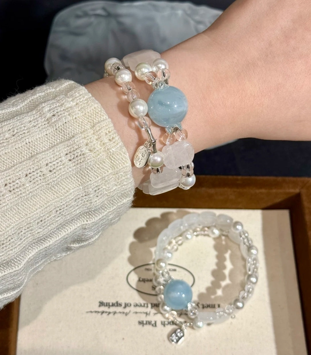 Natural Aquamarine, White Phantom Crystal & Pearl Bracelet | 15mm Original Design