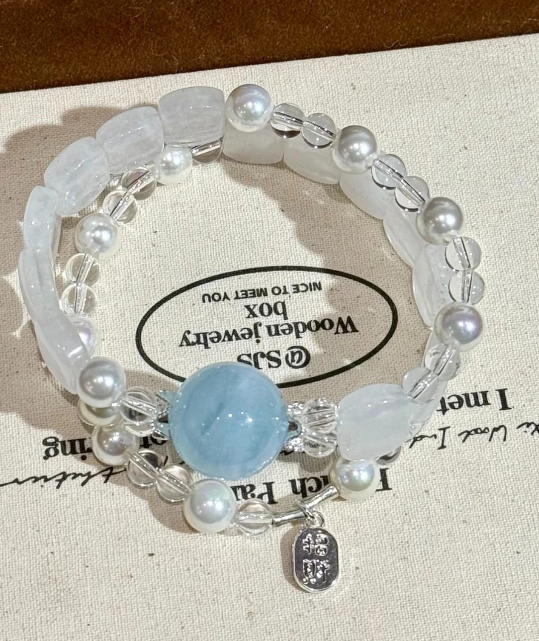 Natural Aquamarine, White Phantom Crystal & Pearl Bracelet | 15mm Original Design