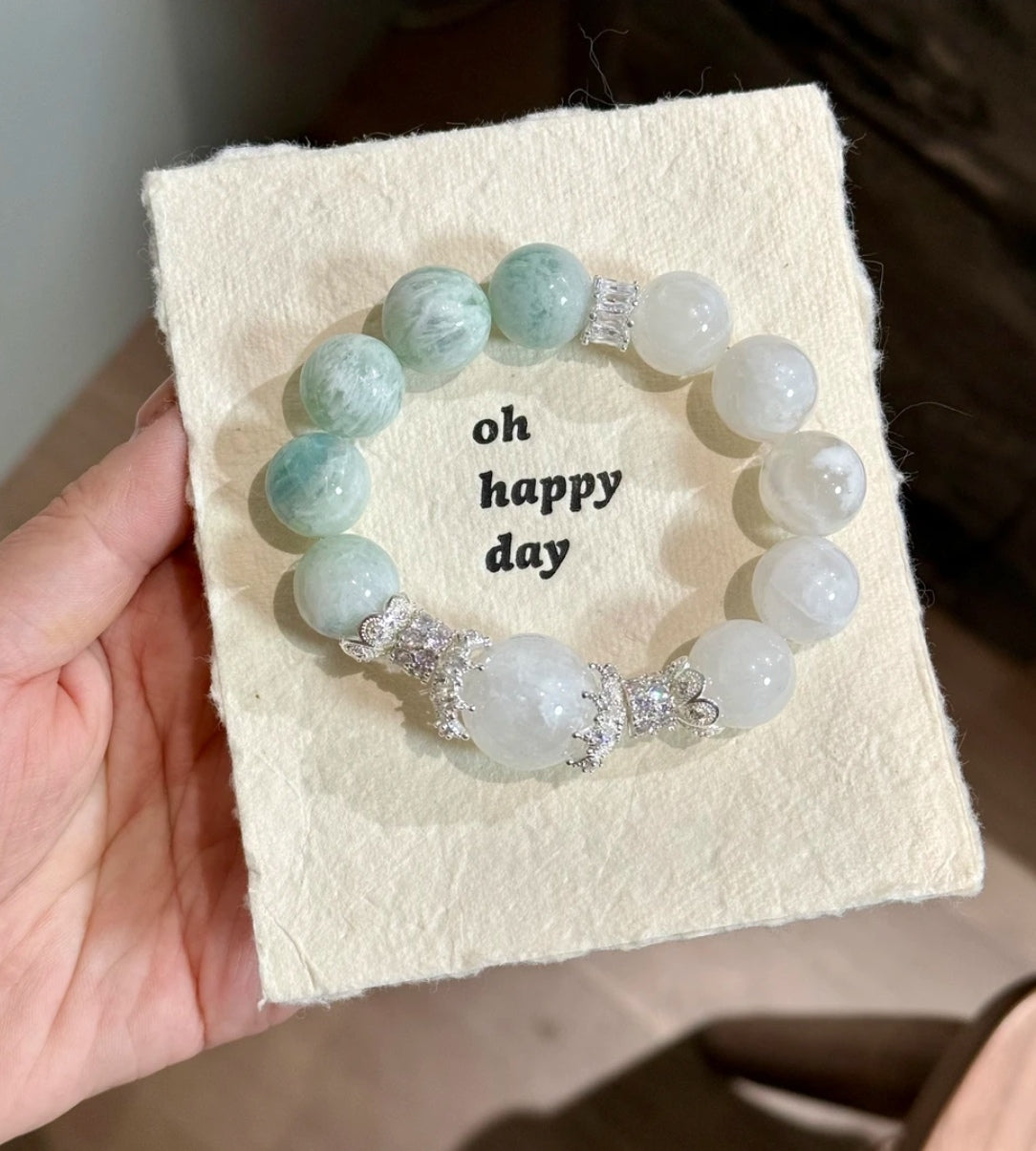 Natural Snow Phantom Crystal & Feather Fluorite Bracelet | 19mm & 15mm Original Design