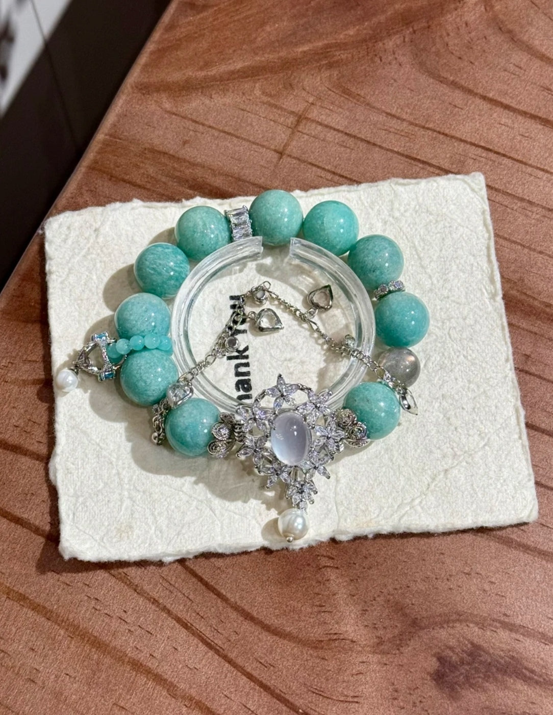 Natural Amazonite, Moonstone & Chalcedony Crystal Bracelet | 15mm Original Design