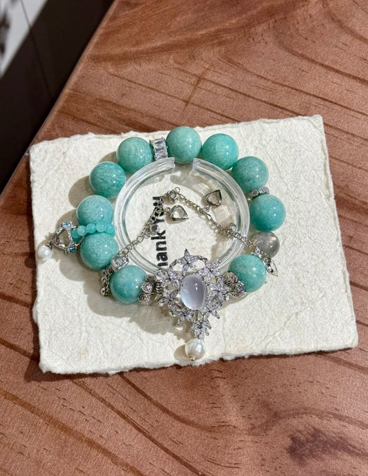 Natural Amazonite, Moonstone & Chalcedony Crystal Bracelet | 15mm Original Design