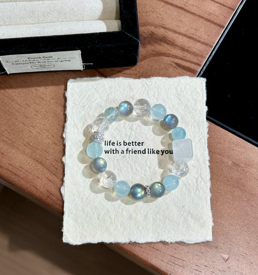 Natural Aquamarine & Moonstone Crystal Bracelet | 11-12mm Original Design