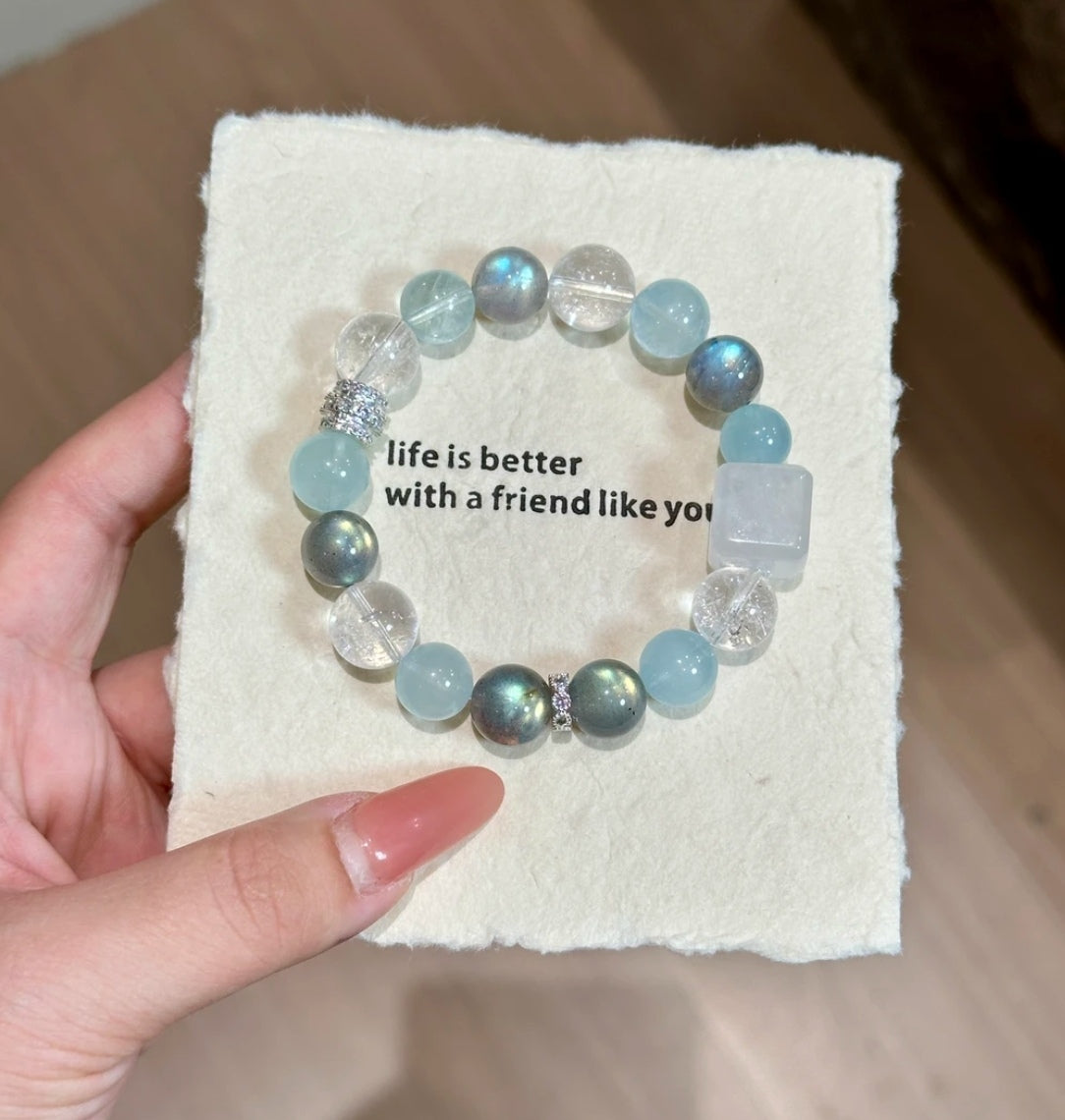 Natural Aquamarine & Moonstone Crystal Bracelet | 11-12mm Original Design