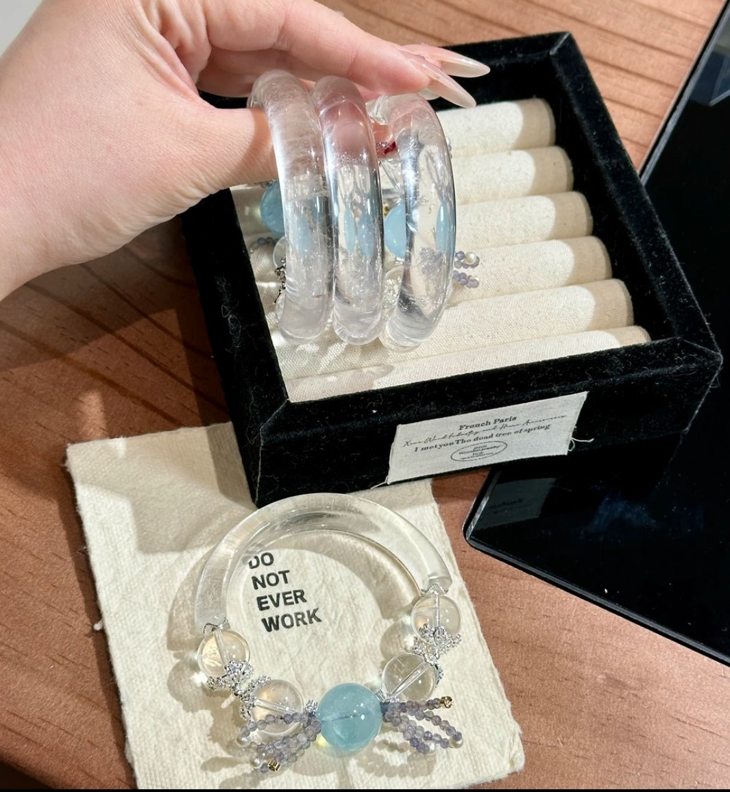 Natural Aquamarine & Clear Crystal Half-Bangle Bracelet | Original Design