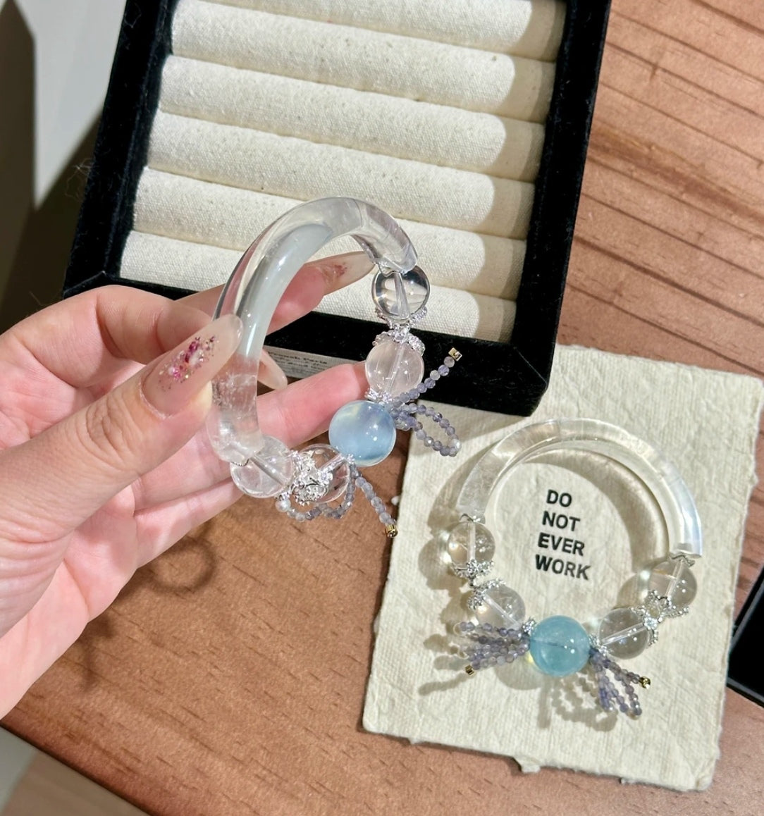 Natural Aquamarine & Clear Crystal Half-Bangle Bracelet | Original Design