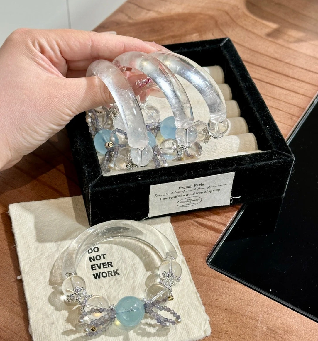 Natural Aquamarine & Clear Crystal Half-Bangle Bracelet | Original Design