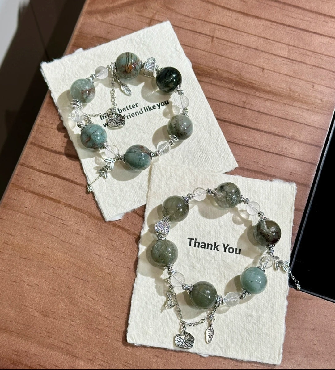 Natural Green Phantom Crystal & Clear Crystal Bracelet | 19mm Original Design