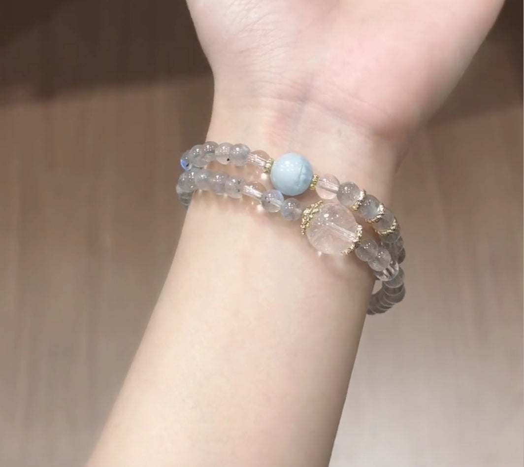 Natural Labradorite, Grey Moonstone & Aquamarine Double Wrap Bracelet | Original Design