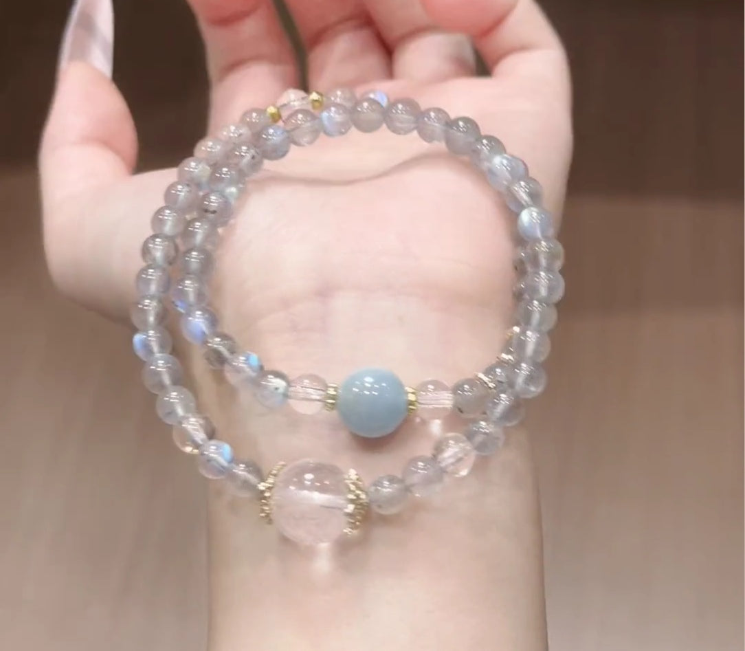 Natural Labradorite, Grey Moonstone & Aquamarine Double Wrap Bracelet | Original Design