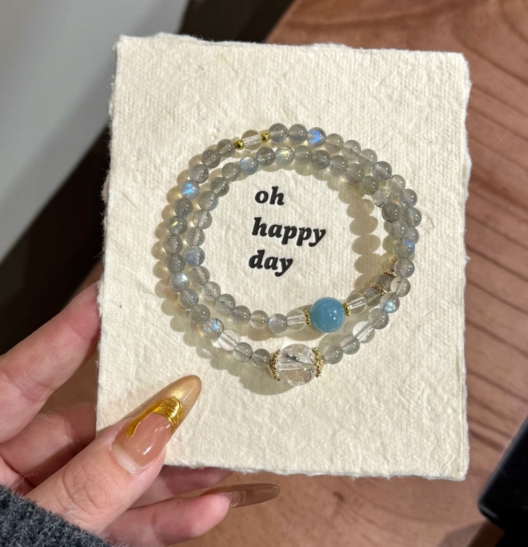 Natural Labradorite, Grey Moonstone & Aquamarine Double Wrap Bracelet | Original Design