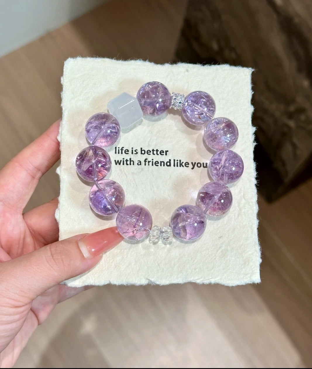 Natural Purple Azeztulite & White Phantom Crystal Cube Bracelet | 18-19mm Original Design