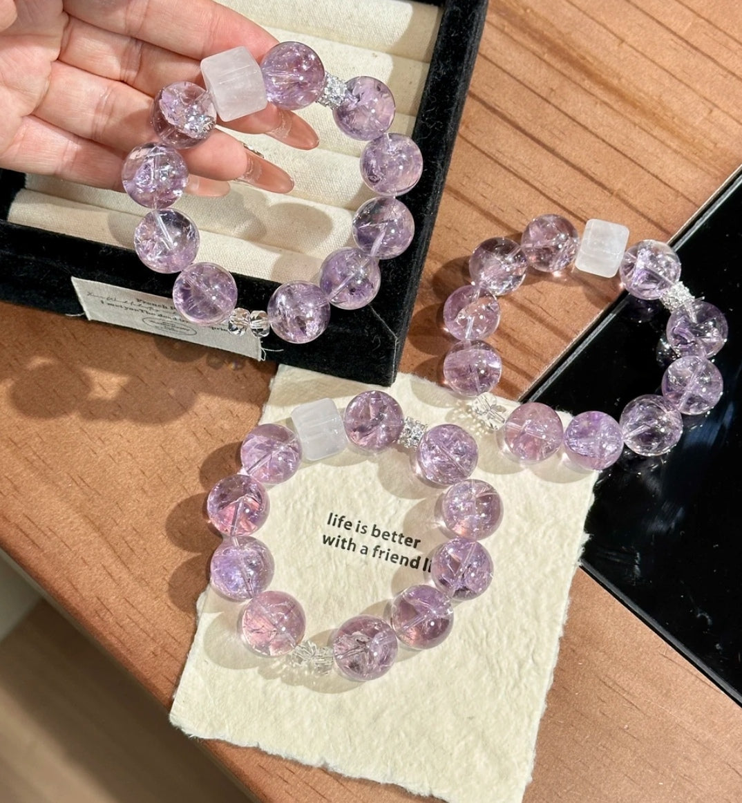 Natural Purple Azeztulite & White Phantom Crystal Cube Bracelet | 18-19mm Original Design