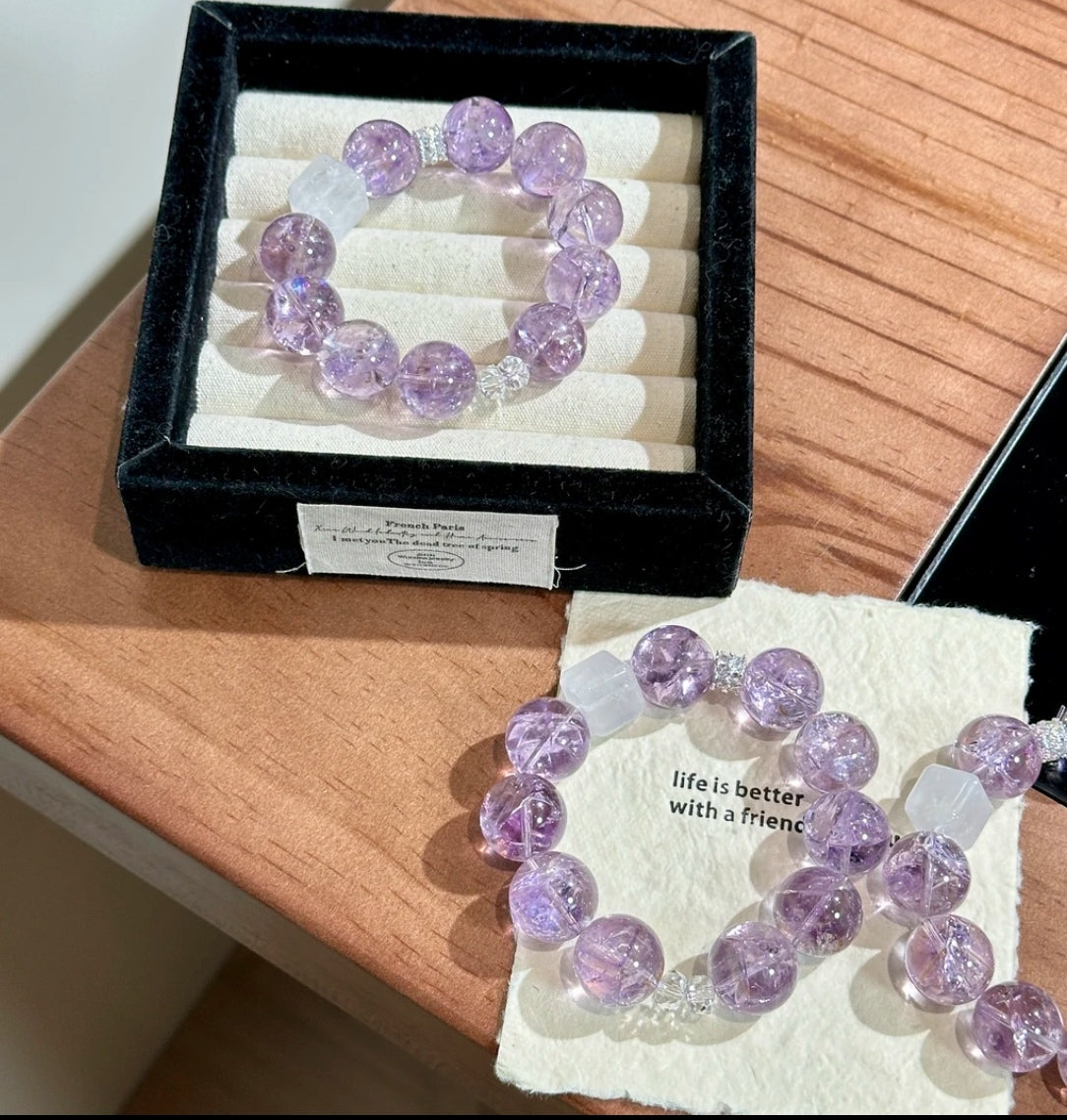Natural Purple Azeztulite & White Phantom Crystal Cube Bracelet | 18-19mm Original Design