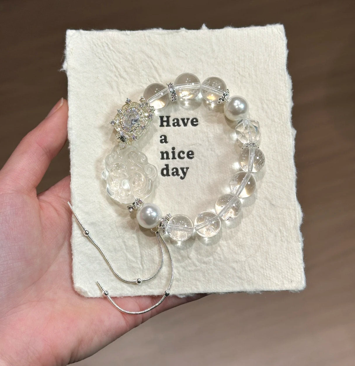 Natural Clear Crystal Bracelet | Fox Carved Focal Bead & Freshwater Pearl Original Design