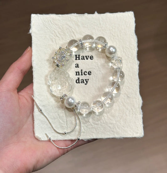 Natural Clear Crystal Bracelet | Fox Carved Focal Bead & Freshwater Pearl Original Design