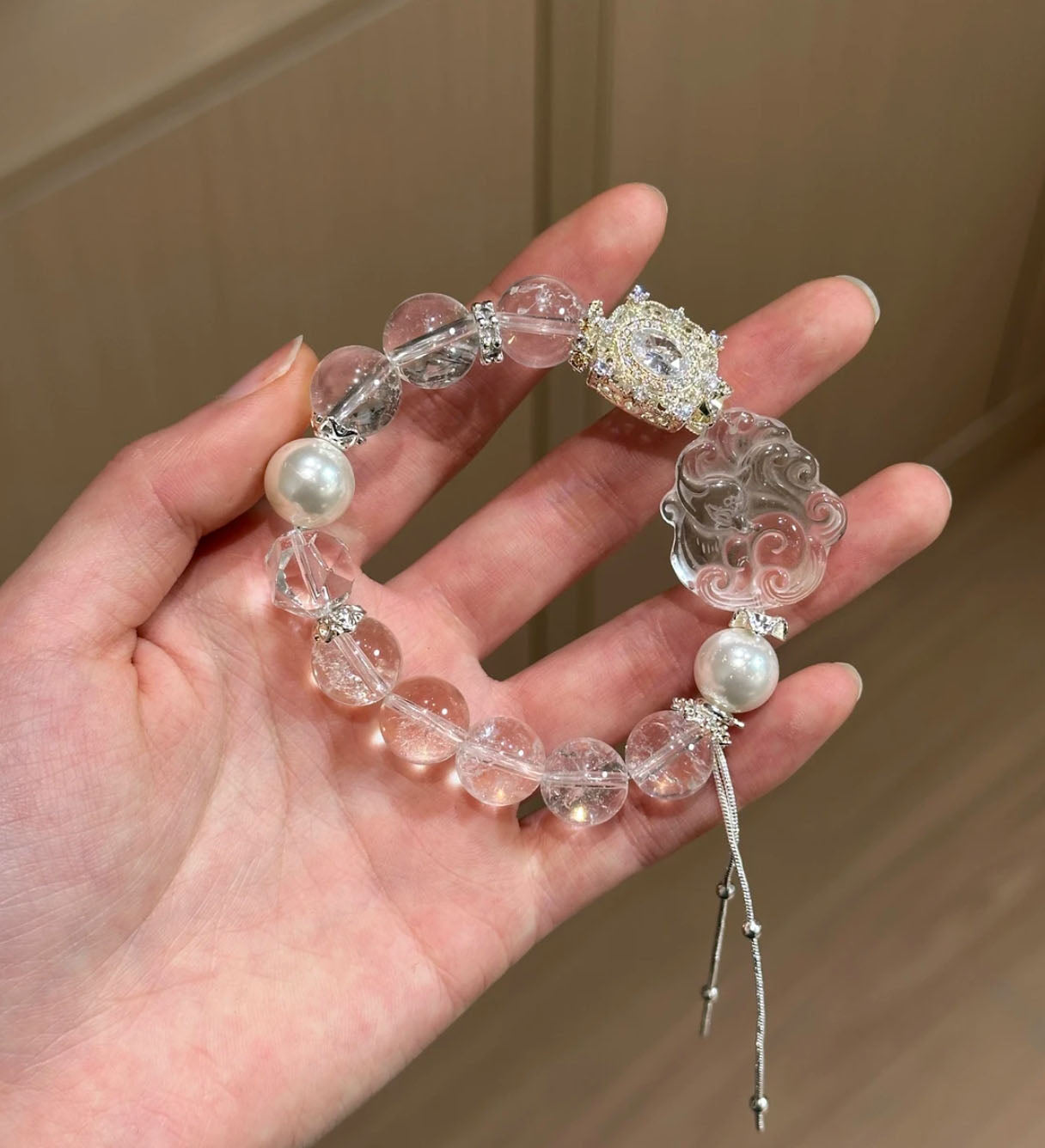 Natural Clear Crystal Bracelet | Fox Carved Focal Bead & Freshwater Pearl Original Design