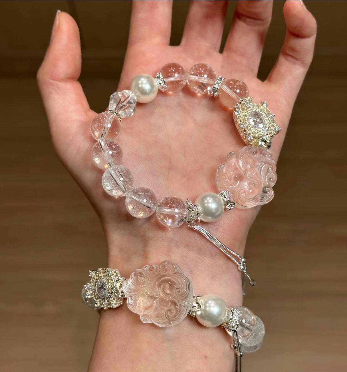 Natural Clear Crystal Bracelet | Fox Carved Focal Bead & Freshwater Pearl Original Design