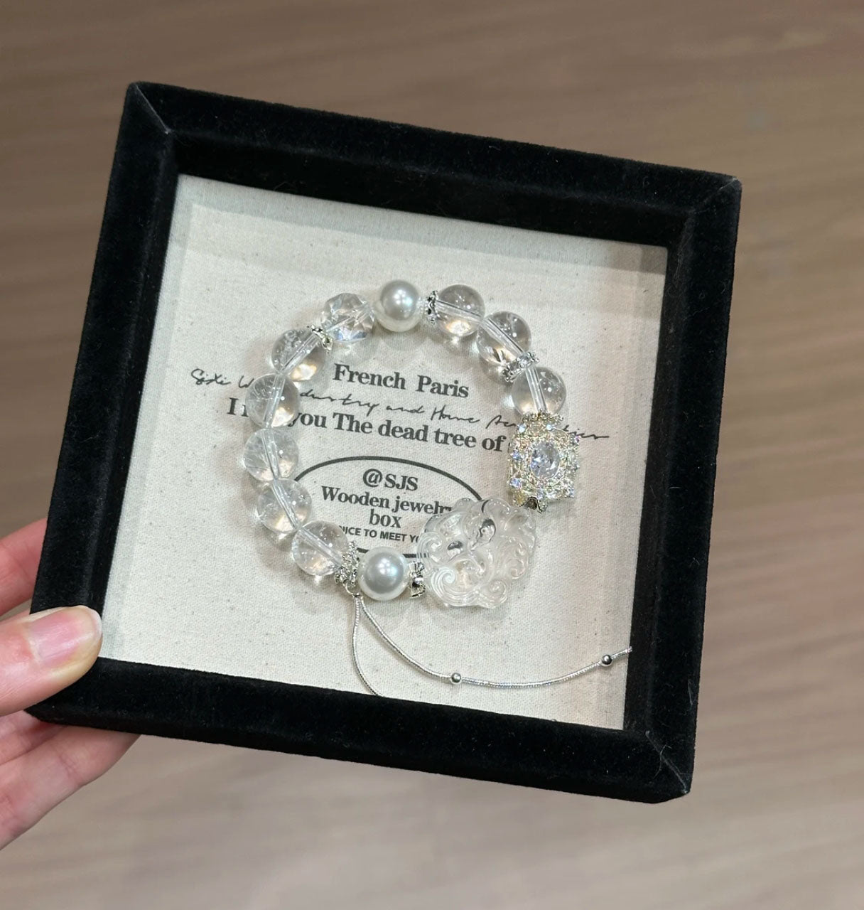 Natural Clear Crystal Bracelet | Fox Carved Focal Bead & Freshwater Pearl Original Design