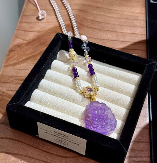 Natural Amethyst Nine-Tailed Fox Carved Pendant Necklace | Original Design
