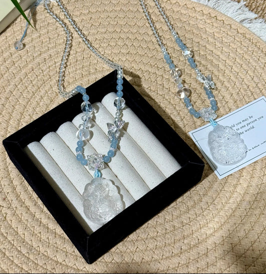 Natural Clear Crystal Nine-Tailed Fox Carved Pendant Necklace | Original Design