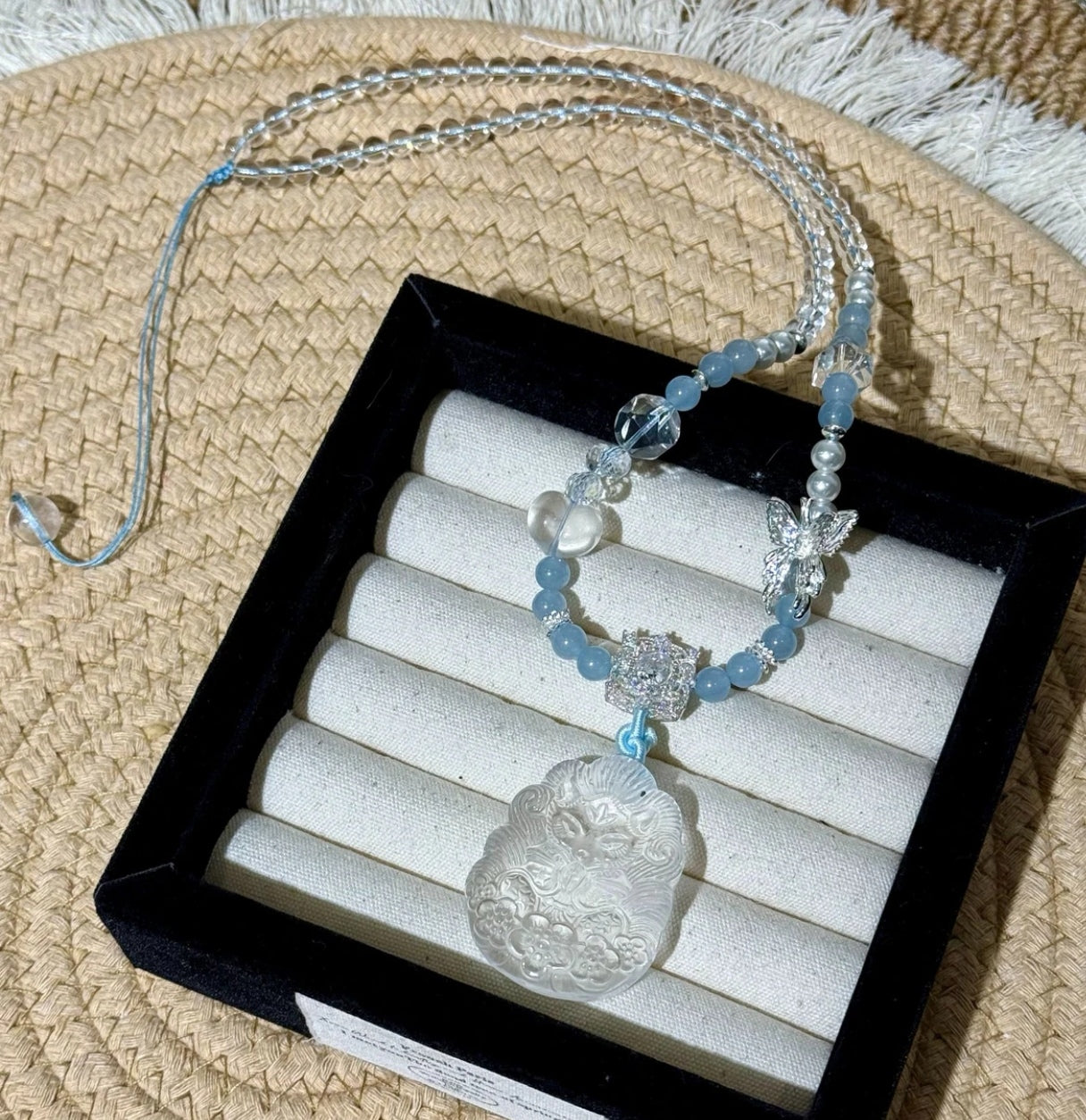 Natural Clear Crystal Nine-Tailed Fox Carved Pendant Necklace | Original Design