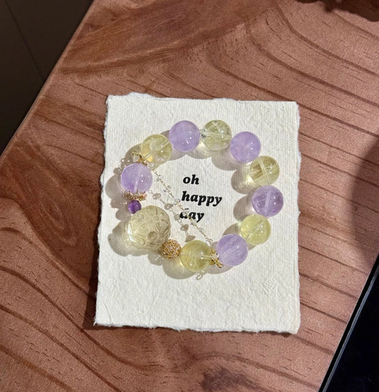 Natural Amethyst & Citrine Bracelet with Fox Carved Focal Bead | 16mm Original Design