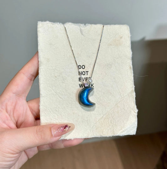Natural Blue Flash Moonstone Crescent Pendant Necklace | Original Design