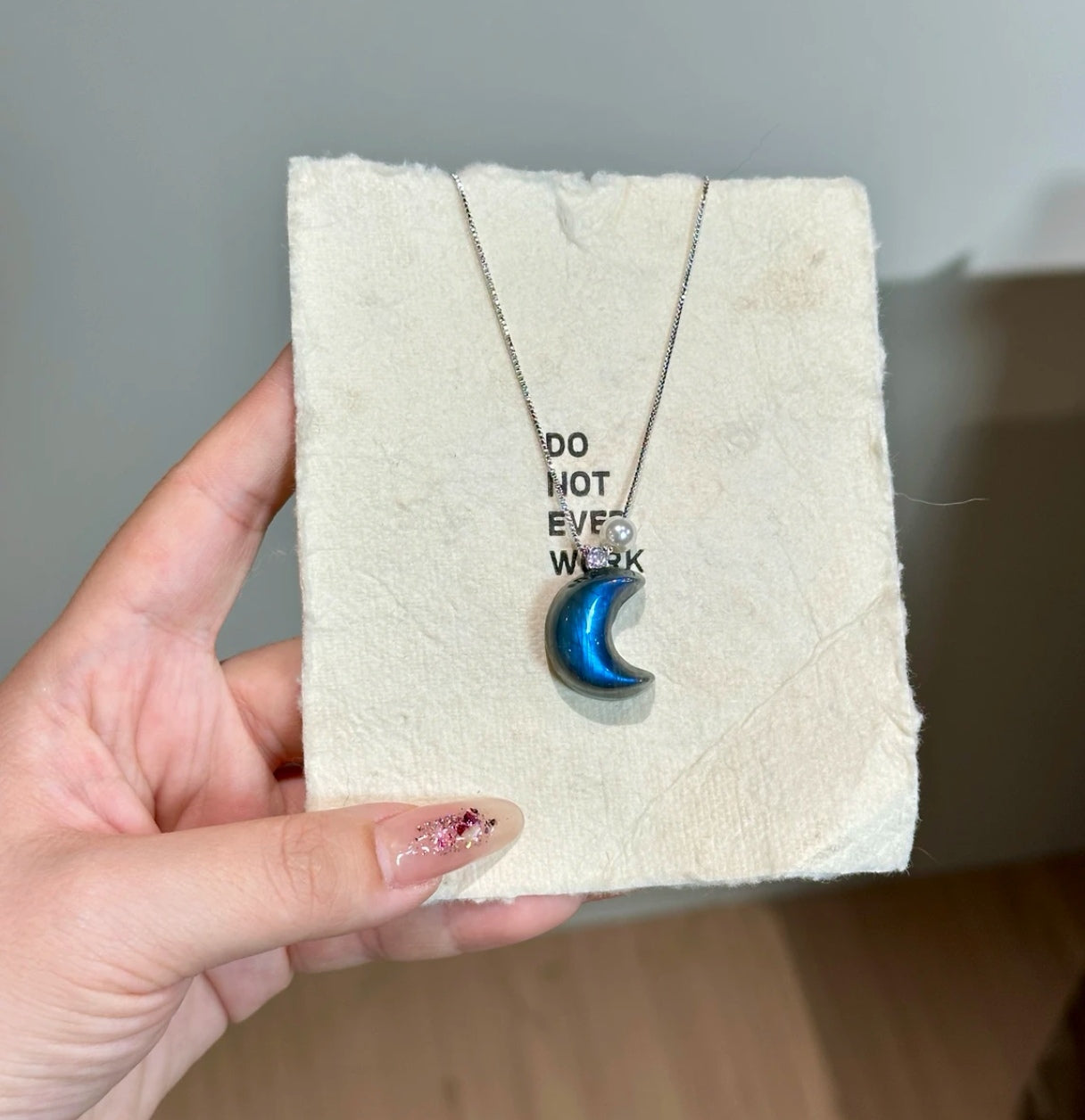 Natural Blue Flash Moonstone Crescent Pendant Necklace | Original Design