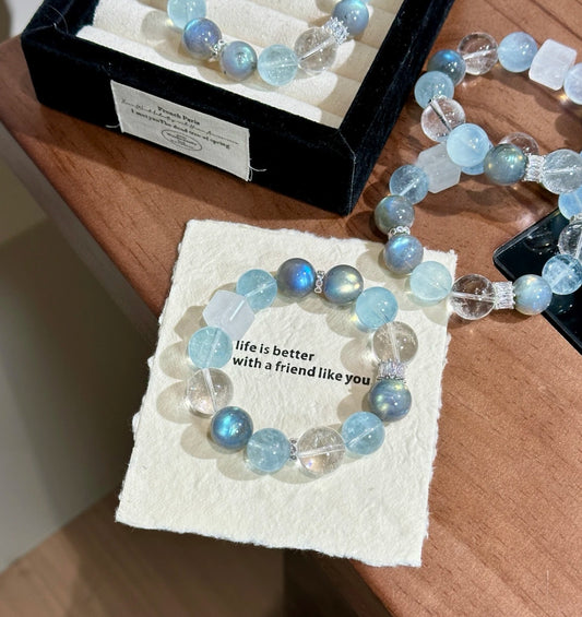 Natural Aquamarine & Moonstone Bracelet | 12-13mm Original Design