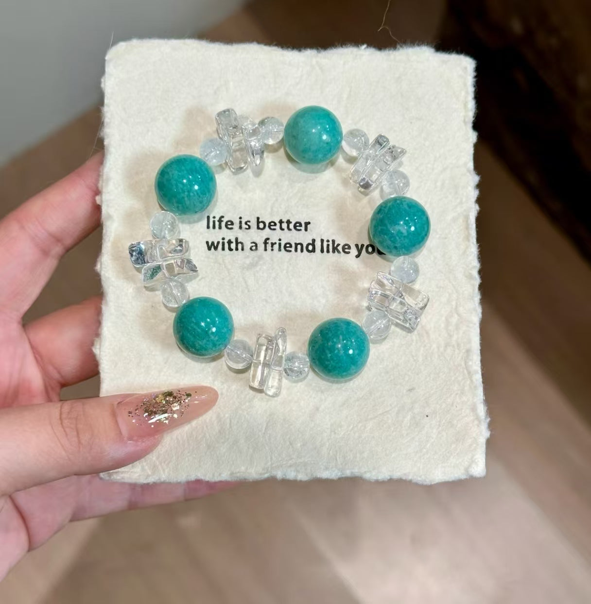 Natural Amazonite & Clear Crystal Bracelet | 16-17mm Original Design