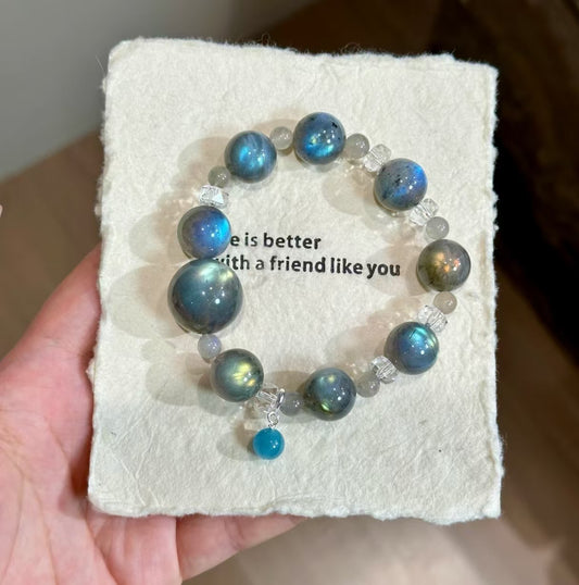 Natural Moonstone & Aquamarine Crystal Bracelet | 19mm Original Design