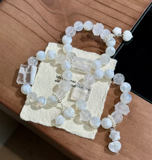 Natural Snowflake Phantom Crystal & Freshwater Pearl Bracelet | Original Design