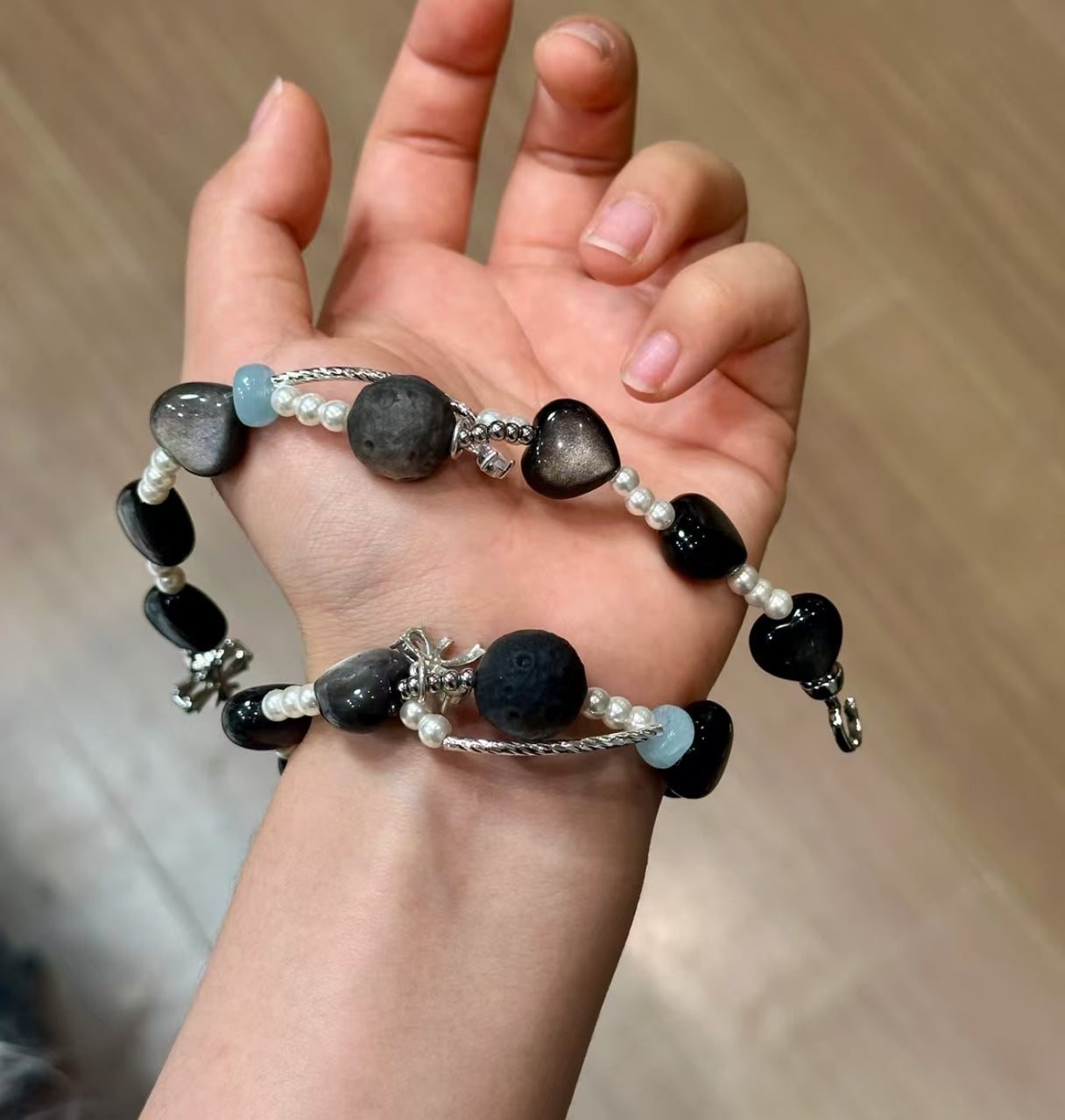 Natural Black Obsidian & Aquamarine Bracelet | Original Design