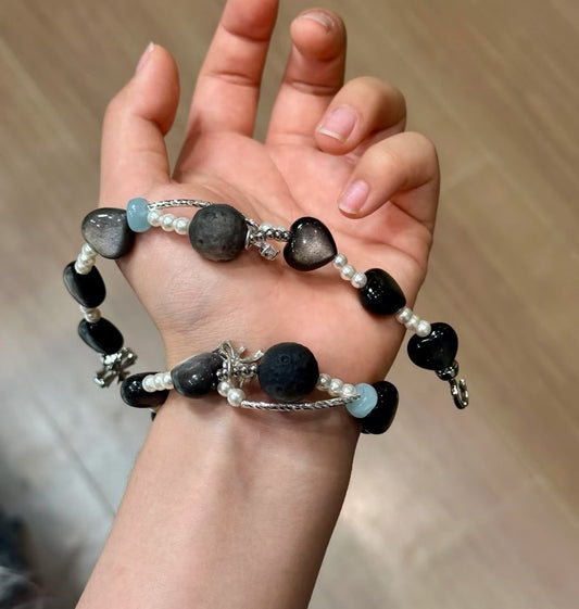 Natural Black Obsidian & Aquamarine Bracelet | Original Design