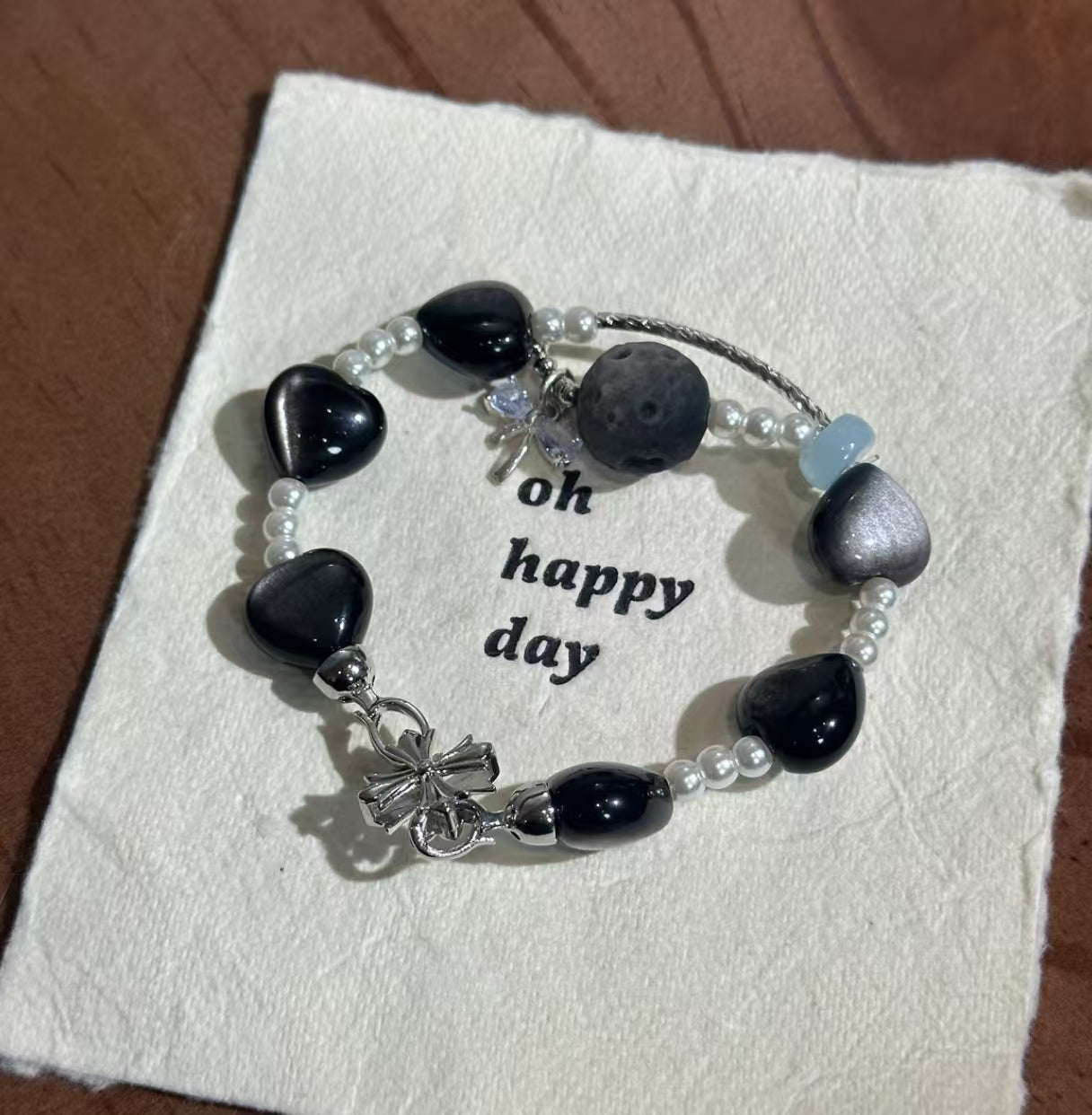 Natural Black Obsidian & Aquamarine Bracelet | Original Design