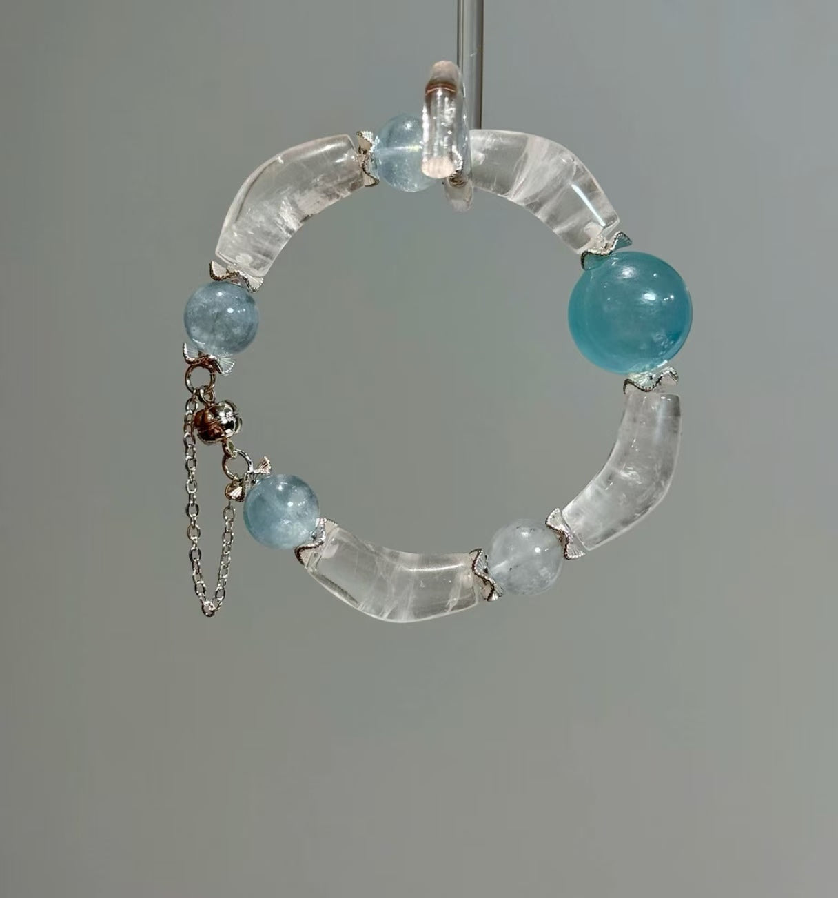 Natural Snow Phantom Crystal & Aquamarine Bracelet | 17-18mm Double-Drilled Focal & 10-11mm Original Design