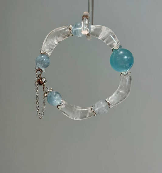 Natural Snow Phantom Crystal & Aquamarine Bracelet | 17-18mm Double-Drilled Focal & 10-11mm Original Design