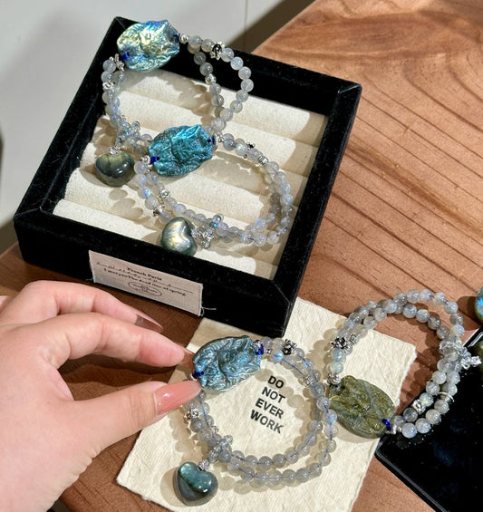 Natural Moonstone Bracelet with Fox Carved Focal Bead | 6mm Original Design