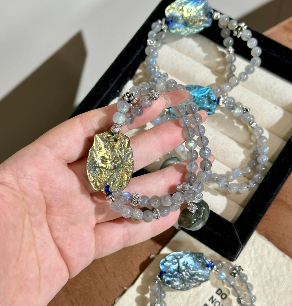 Natural Moonstone Bracelet with Fox Carved Focal Bead | 6mm Original Design