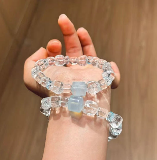 Natural Clear Crystal Freeform & Aquamarine Barrel Bead Bracelet | 8-9mm Original Design