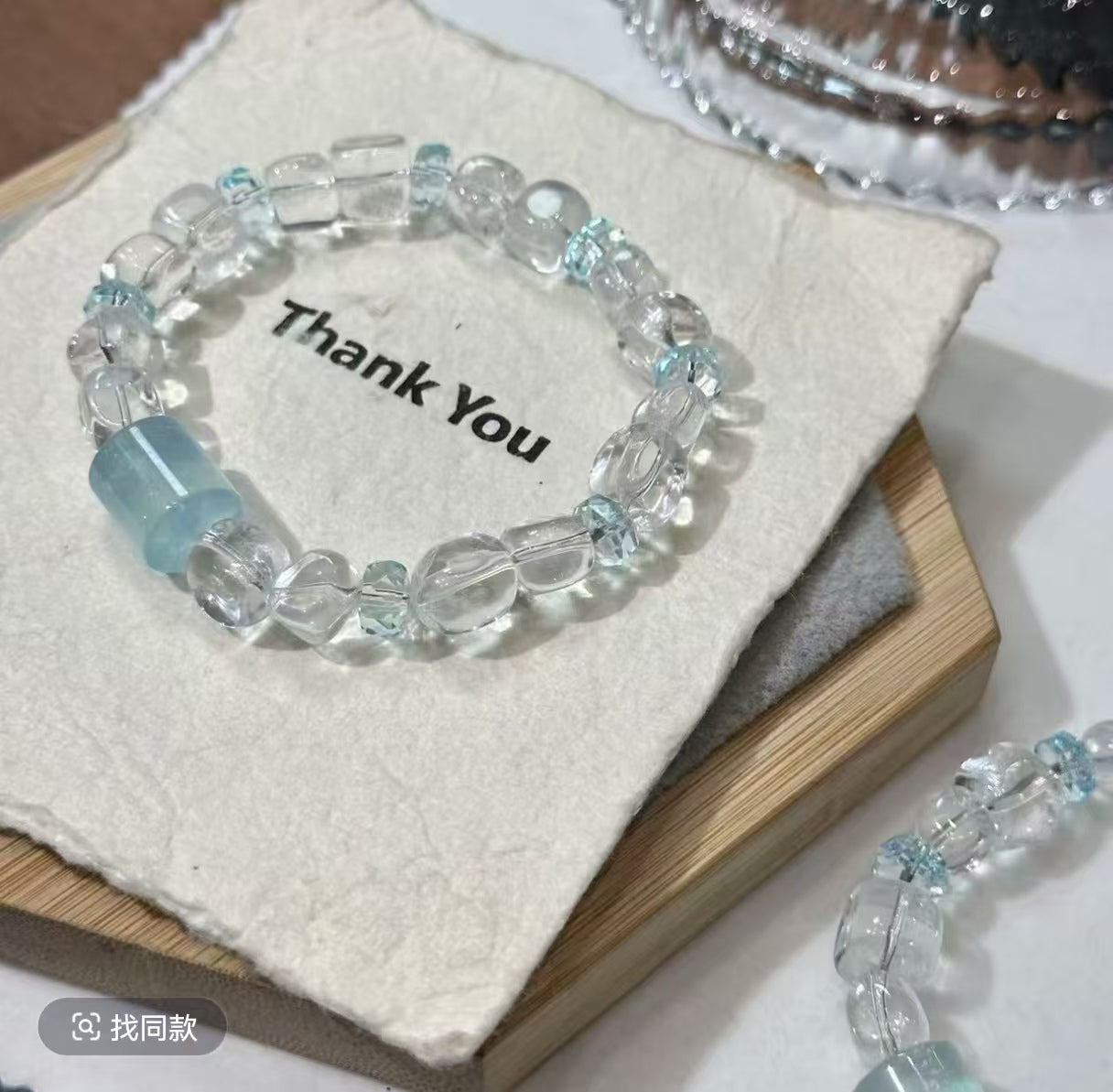 Natural Clear Crystal Freeform & Aquamarine Barrel Bead Bracelet | 8-9mm Original Design