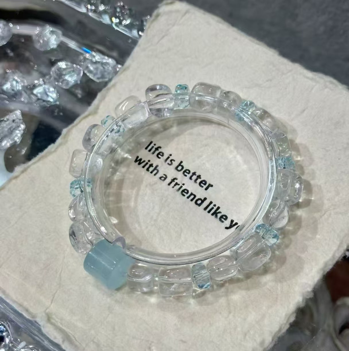 Natural Clear Crystal Freeform & Aquamarine Barrel Bead Bracelet | 8-9mm Original Design