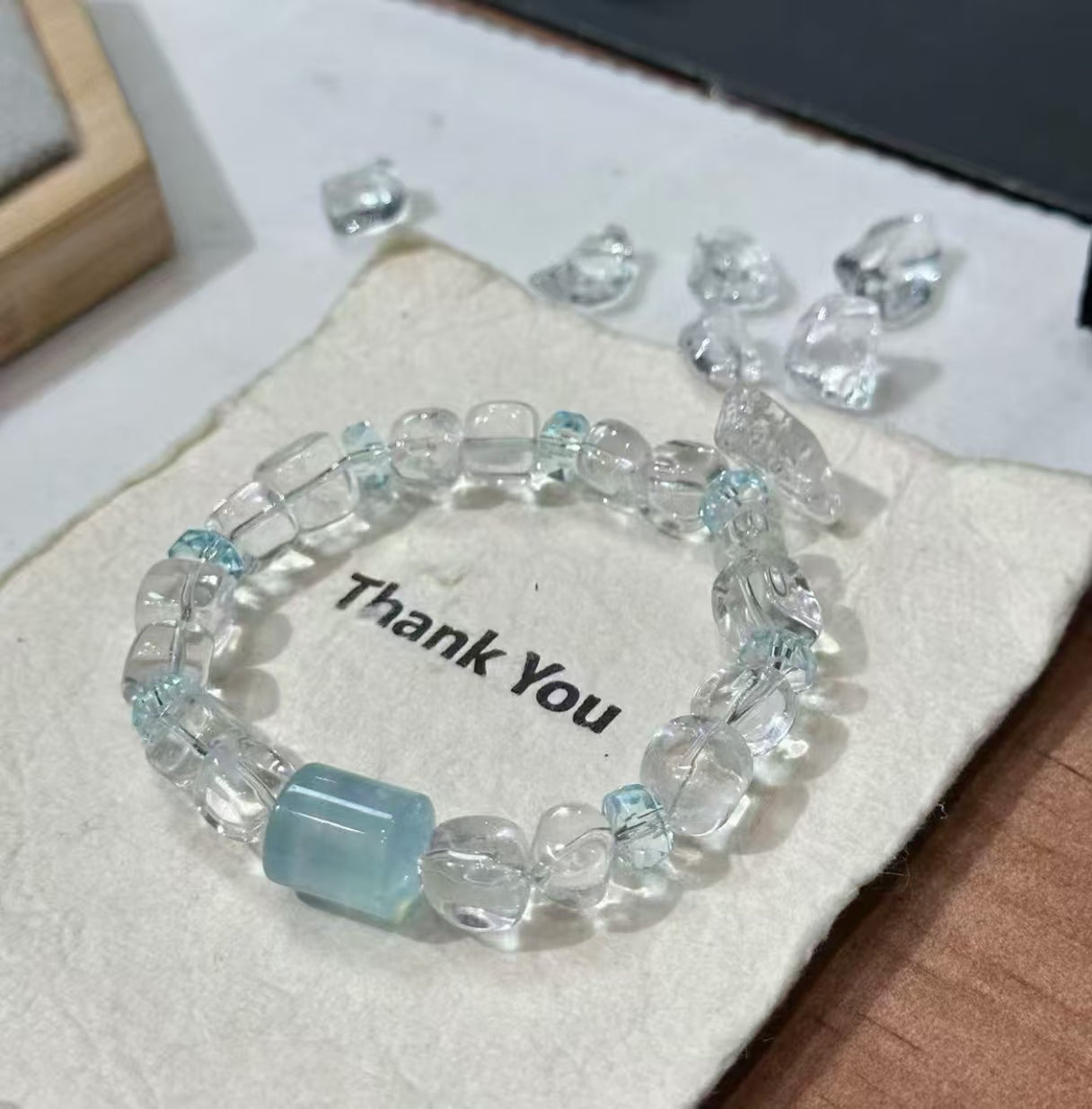 Natural Clear Crystal Freeform & Aquamarine Barrel Bead Bracelet | 8-9mm Original Design
